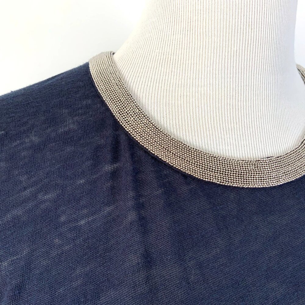 New J. Crew Navy Linen Embellished Collar Short Sleeve Tee Sz M - Picture 11 of 16